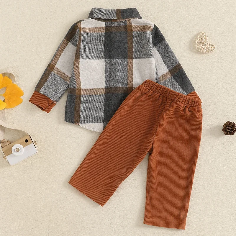 Herbst-Outfits für Jungen im Alter von 1–5 Jahren, klassische Langarm-Jacke mit Karomuster, elastische Taille, Cordhose, Set für Kinder, Freizeitkleidung