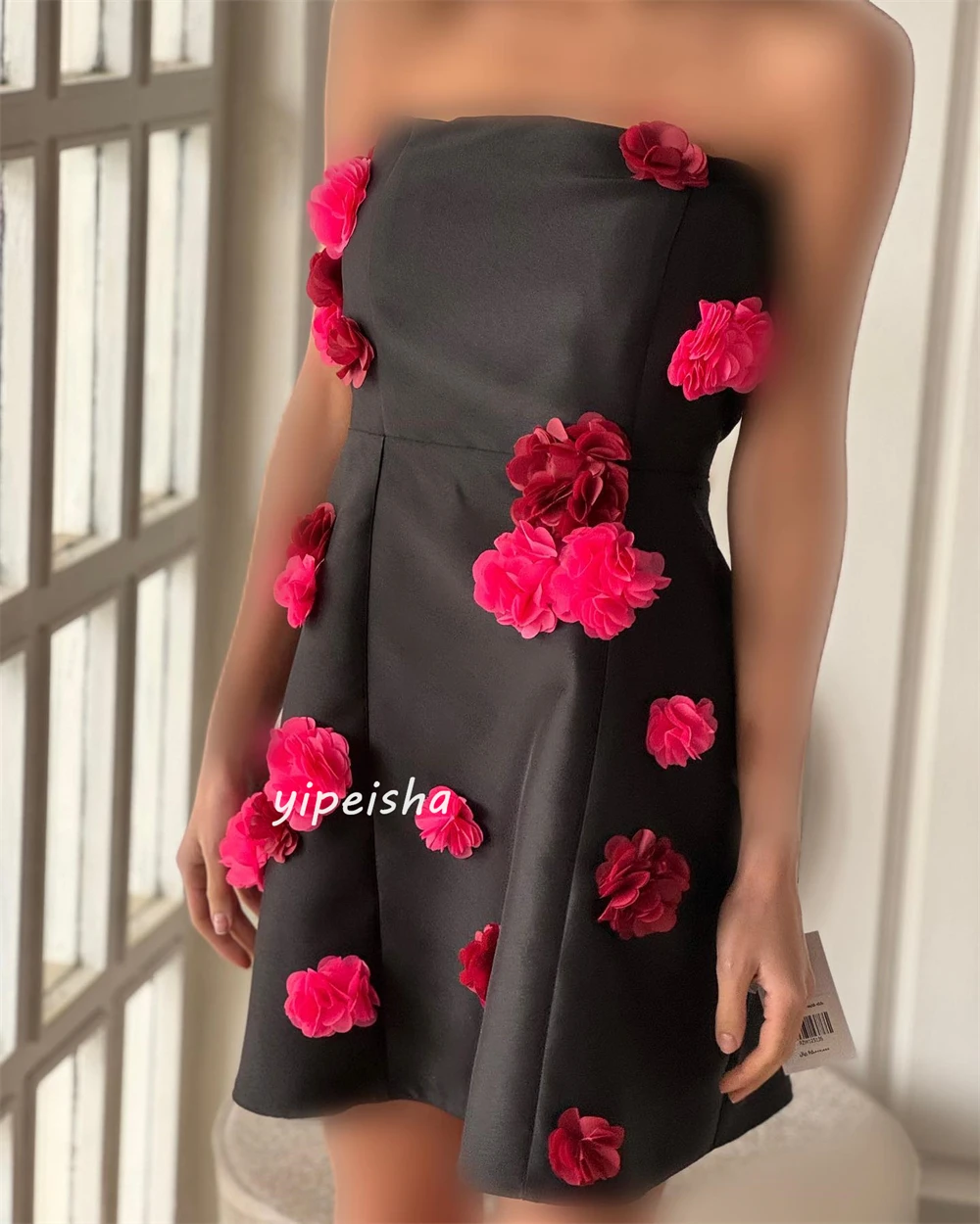 Customized Evening Satin Handmade Flower Formal Evening A-line Strapless Bespoke Occasion Gown Short Dresses Saudi Arabia