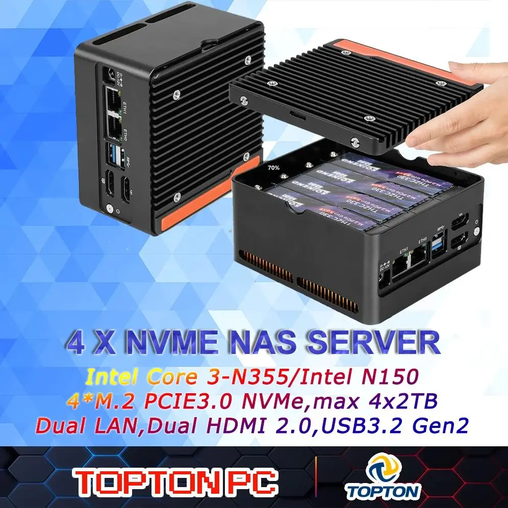 인텔 코어 3-N355 N150 NAS 미니 PC X86 인텔 4M.2 NVMe 슬롯 DDR5 (최대 48GB), 듀얼 4K 디스플레이, 듀얼 10Gbps USB 3.2, 듀얼 랜