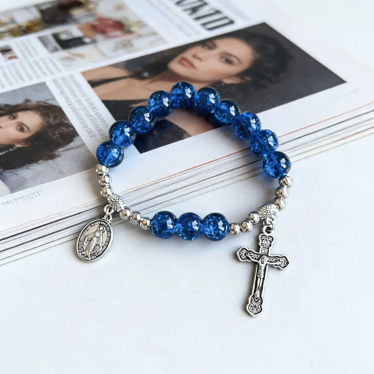 Cracked Patterned Glass Bead Alloy Angel Virgin Cross Pendant Elastic Bracelet 1-Piece Set Fashionable Gift for Women