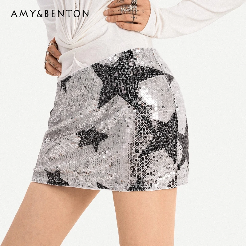 

2025 Autumn New Y2K Metallic Sequin Women's Skirt Original Design Silver Sweet Cool Hot Girl Slimming Bodycon Mini Skirts Ladies