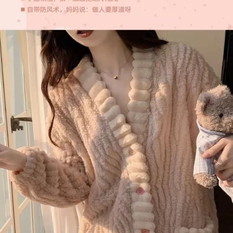 Plush Thick Coral Fleece Robes Women Button Sleepwear Printing Simple Long Sleeve Warm Extra Long Soft Fluffy Fleece Homewear