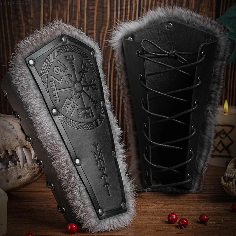 1Pcs Medieval Viking Knight Arm Gauntlets PU Leather Fur Armor Bracer Vambrace Knight Arm Guards Samurai Larp Bracers Cosplay
