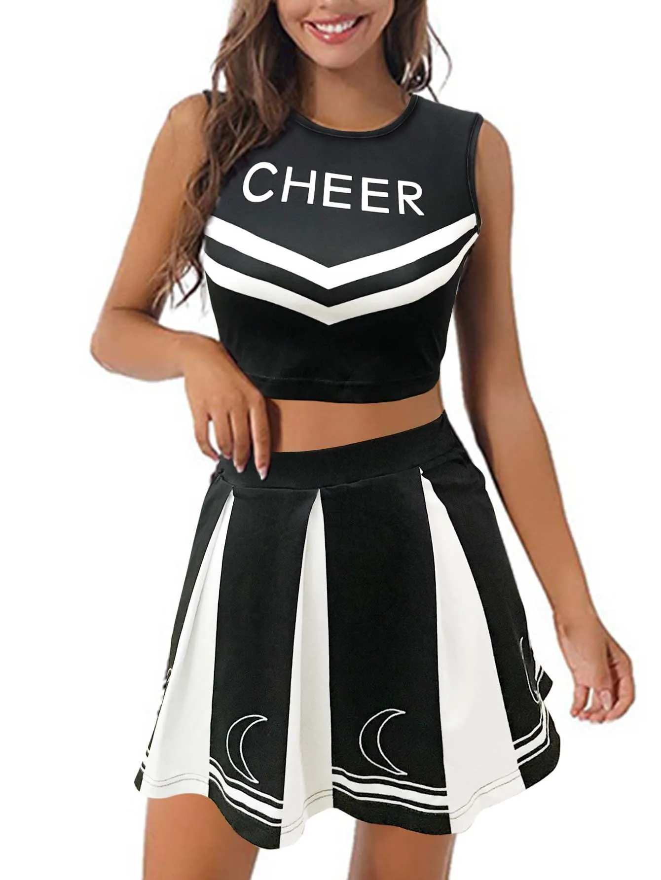 Girls Cheerleading Uniform Dance Costume Printed Vest with Pleated Skirt and 1 Pair Tassel Flower Balls Outfit Set