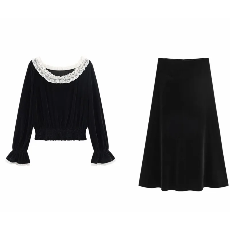 Retro-Set aus Samt mit Spitzenbesatz und Midirock für Damen, elegantes zweiteiliges Outfit, Frühling, lässig, schick, mehrlagiger Look-Stil