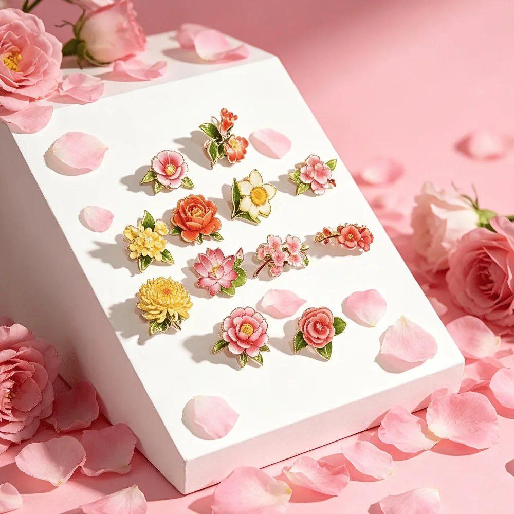 Goldfarbenes Emaille-Blumenbroschen-Set, Naturästhetische Mehrfarbige Blumen-Anstecknadel, Vielseitiges Accessoire für Damen – Detail 2