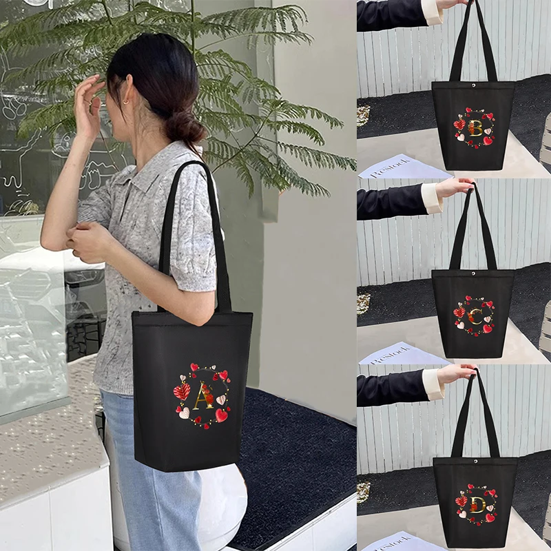 

Letter Printing Series Pattern Black Canvas Bag Women's Handbag Reusable Folding Bag Organizer Bag Large Capacity Bag