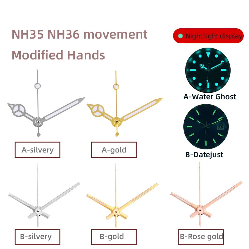 

NH35 NH36 Movement Modified Watch Hands Green Blue Luminous For Rolex Water Ghost Datejust Silver Gold Rose Hands Second Hand