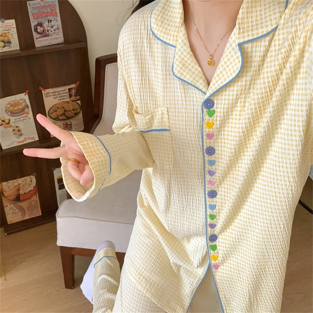 Women's Pajamas Autumn Plaid Sleepwear Heart Long Sleeves Cardigan Home Wear Pyjama Woman Home Nightwear Set