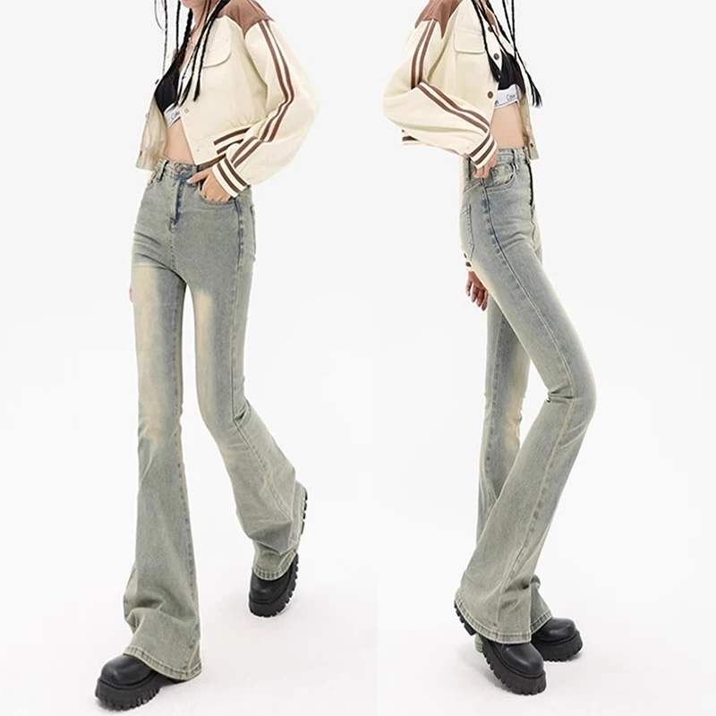 

Woman High Waist Elastic Slim Fit Flare Jeans Girls American Retro Baggy Bell Bottom Pants Female Fashion Yellow Denim Trousers
