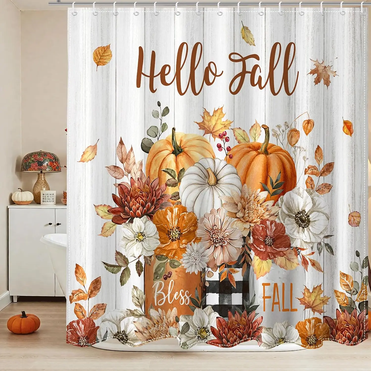 Lindameler Happy Fall Shower Curtain Autumn Pumpkin Shower Curtain with 12 Hooks Waterproof Fabric Fallen Leaves Maple Autumn Floral Bath Curtain for Fall Bathroom Decor, 72 X 72 Inch