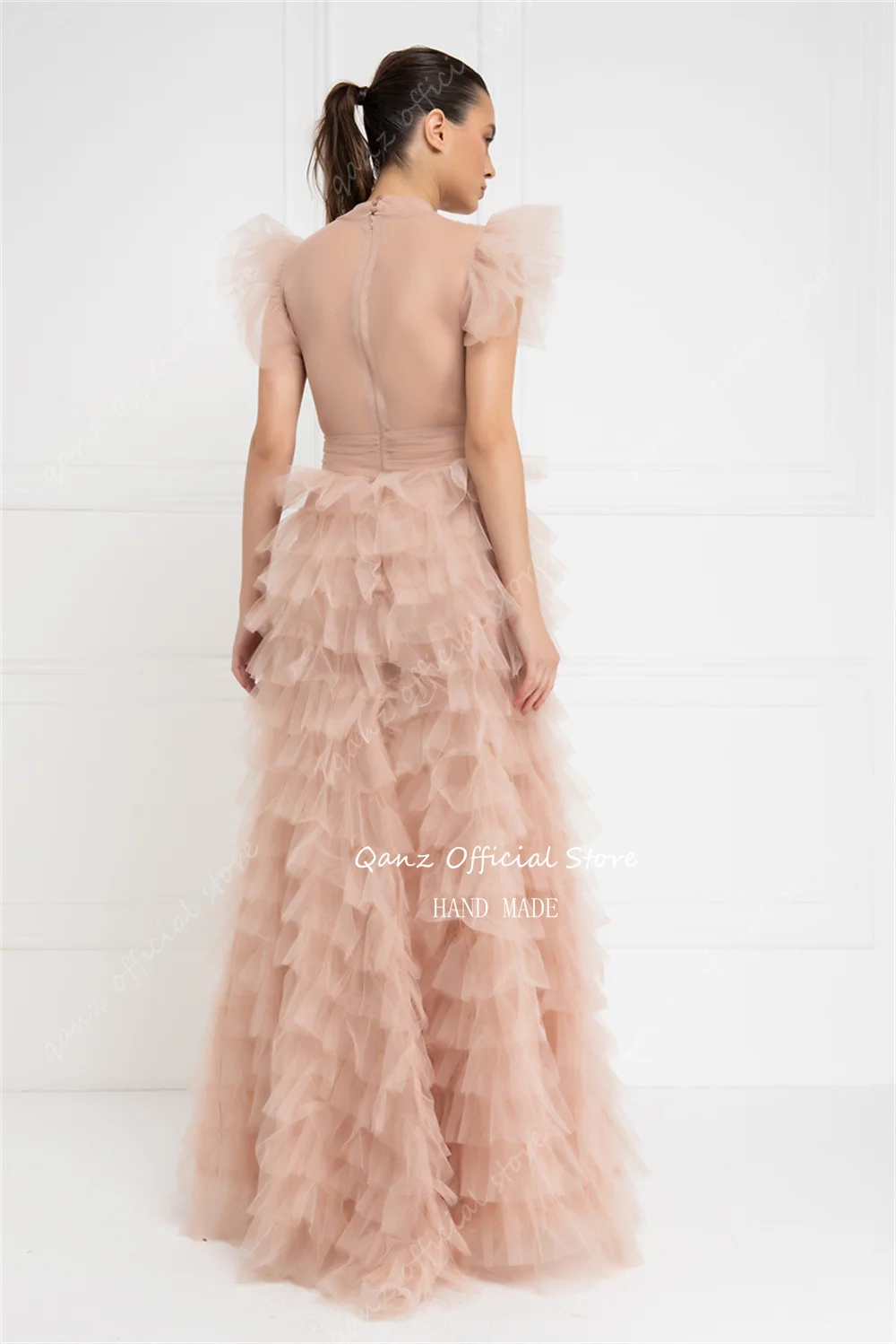 Qanz Dirty Pink Princess Prom Dresses Tulle Frill-Layered Tiered Dress Party Evening Elegant Celebrity Long Dresses Customized