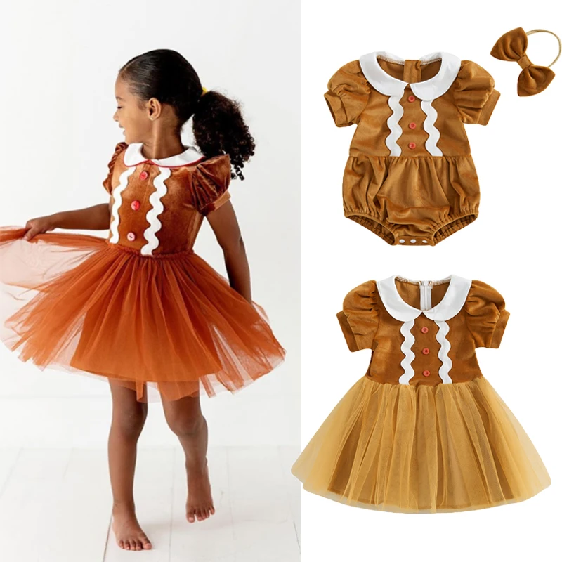 FOCUSNORM 0-5Y Toddler Kids Girls Christmas Gingerbread Dress Short Sleeve Mesh Patchwork Tulle Princess Dress/Romper