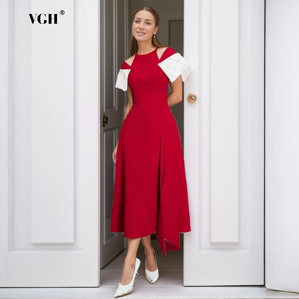 

VGH Hollow Out Hit Color Elegant Dresses For Women Round Neck Off The Shoulder Sleeve High Waist Temperament Long Dress Female