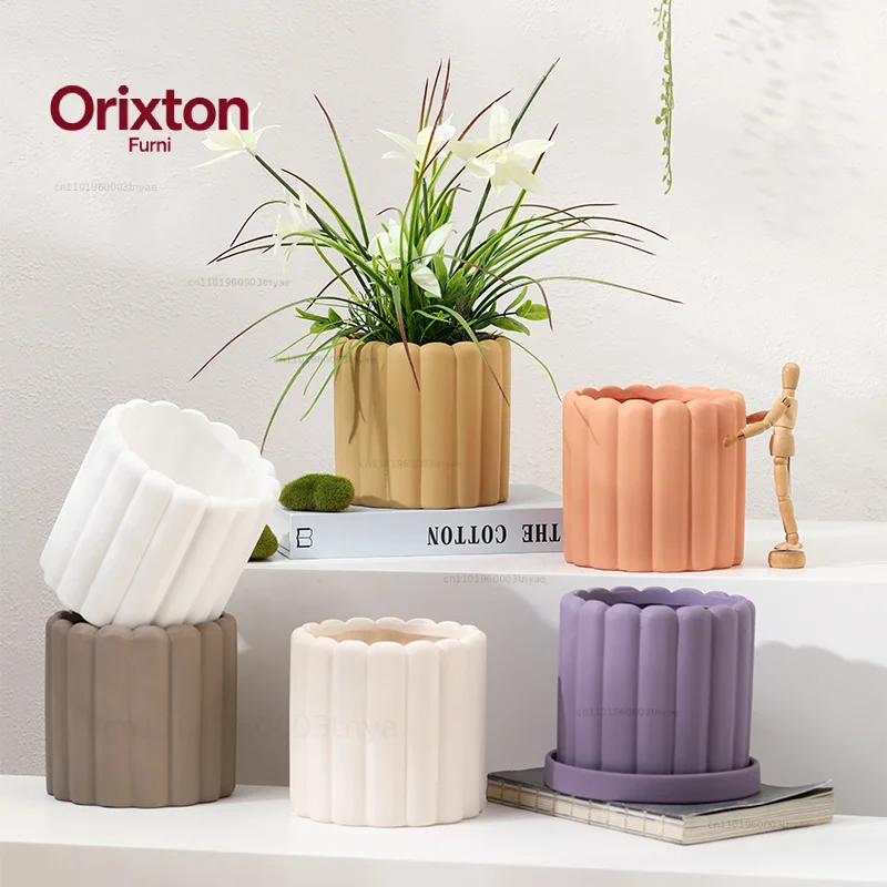 Creative Ceramic Flower Pot Geometric Art Plant Potted with Tray Tabletop Colorful Vase Living Room Office Garden Potted Plant