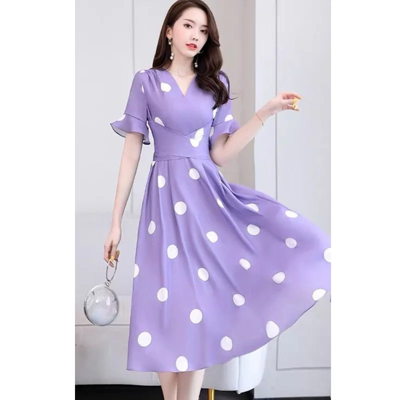 Elegant V-Neck Loose Bandage Polka Dot Midi Dress Women\'s Clothing 2023 Summer New Oversized Korean Flare Sleeve Princess Dress