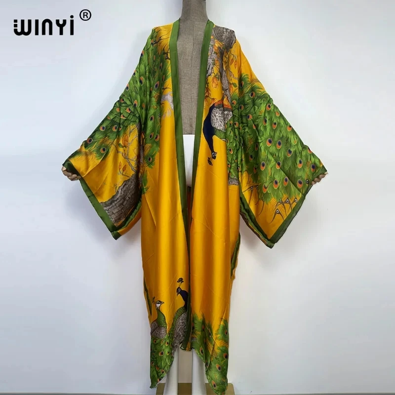 WINYI 2022 été femmes Cardigan point Cocktail sexy Boho Maxi vacances africaines manches chauve-souris soie sensation Robe kimono caftan