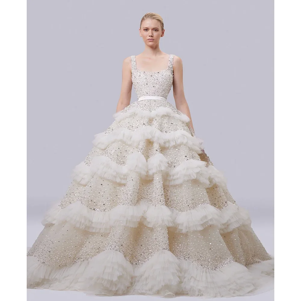 

Luxury Sequined Pearls Wedding Dress Chic Square Collar Crystal Pleat Floor Length Ball Gowns Exquisite Sweep Train Bride Dress