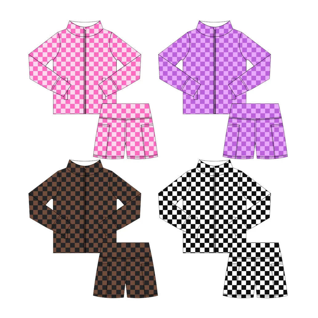 Trendy checkerboard print children's set stand-up collar zip-up long-sleeved top shorts Available multiple colors boys and girls