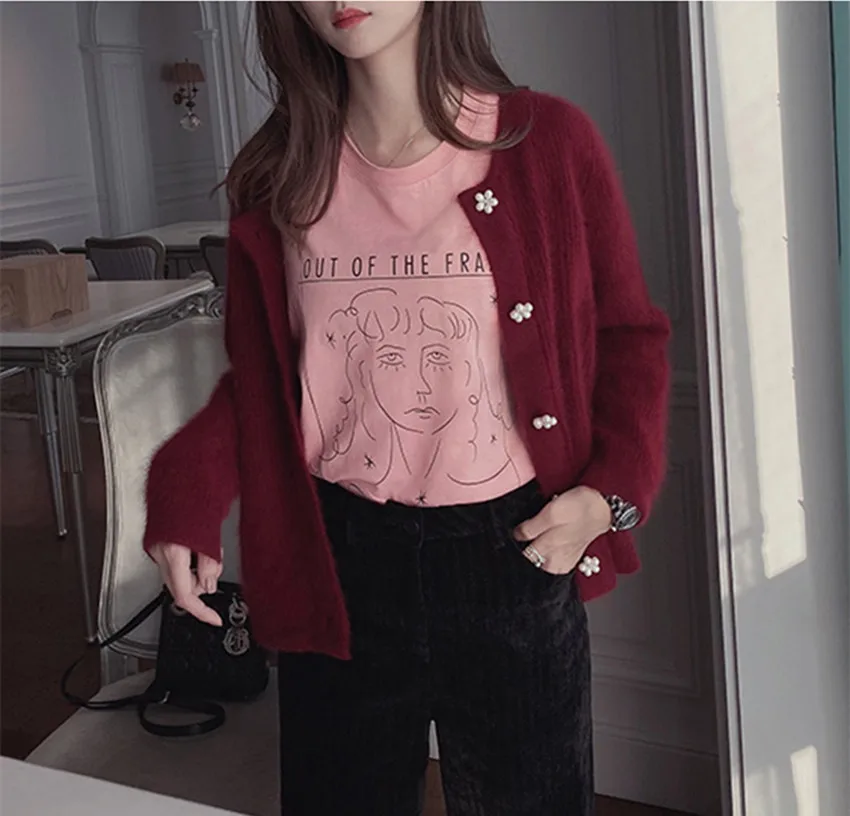 New Fashion Chic Wine Red Soft Mink Cashmere Sweater Coat Fall Winter Women O Neck Floral Pearl Buttons Knitted Thick Cardigans