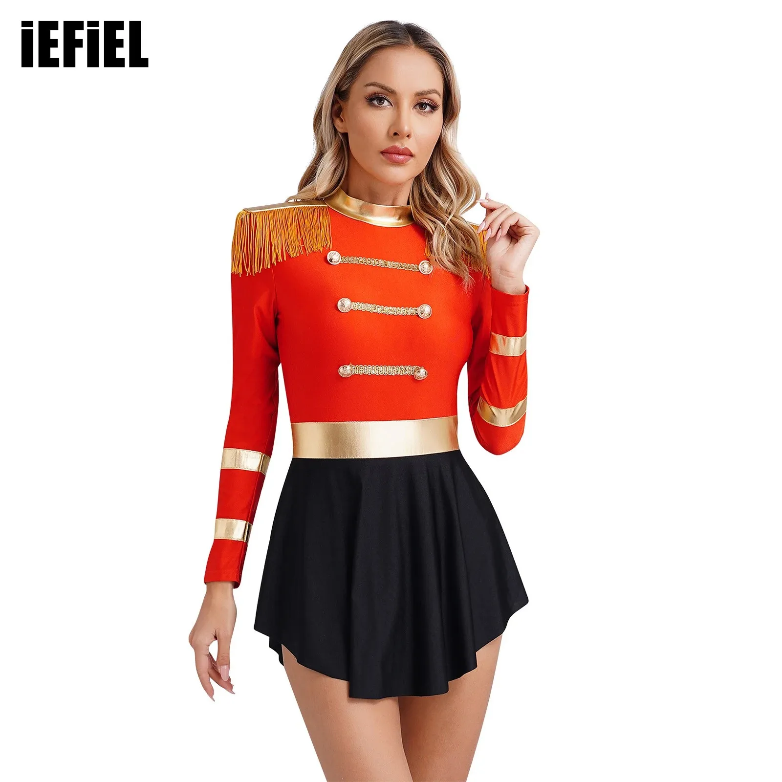 

Womens Halloween Ringmaster Bodysuit Dress Fringe Shoulder Boards Keyhole Long Sleeve Dress Circus Cosplay Costumes