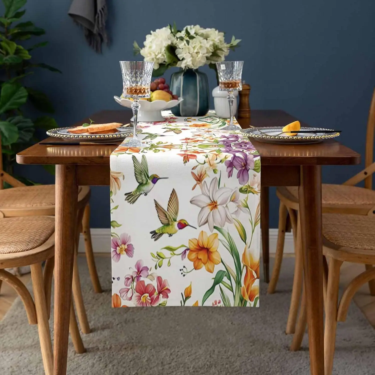 Green Hummingbirds Wildflowers Linen Table Runner Wedding Party Decor Watercolor Floral Plants Table Runners Kitchen Table Decor