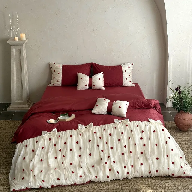 French Romance 50s Double-strand Cotton Satin Jacquard Four-piece High-end Quilt Cover Sheet Pillowcase Bedding Set