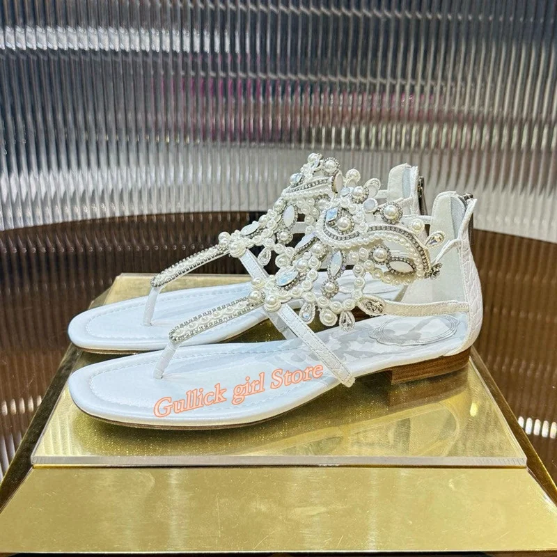

Pearls Crystal Decor T Strap Sandals Flip Flop Low Heel Back Zipper Summer Women Beach Shoes Open Toe Hollow Handmade Shoes