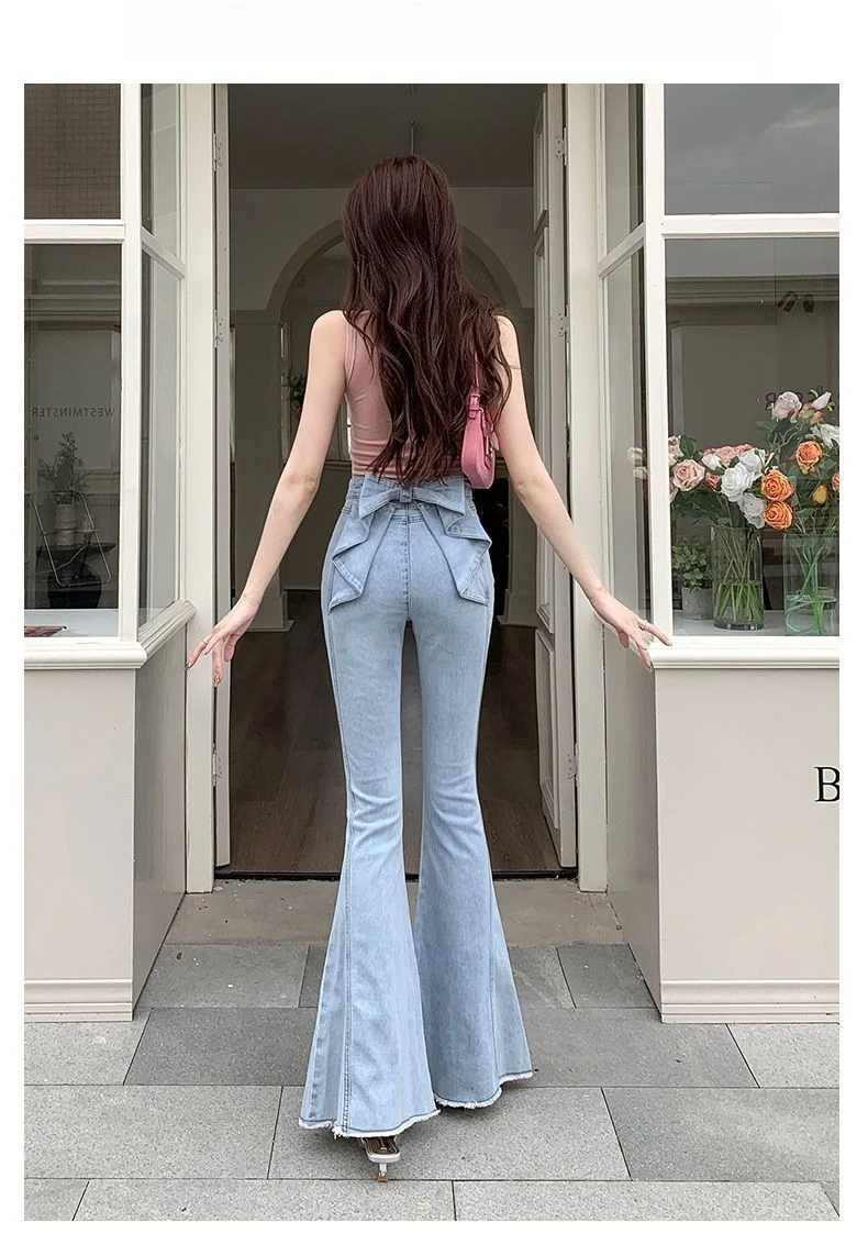 Bow Tie Jeans Women's American Vintage Three-dimensional Micro-large Summer Thin Pants New High-waisted Skinny Hip Flare Pants