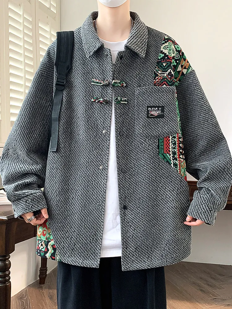 Spring and Autumn New Chinese Style Men's Striped Pattern Embroidered Loose Casual Beige Black Gray Long Sleeve Jacket