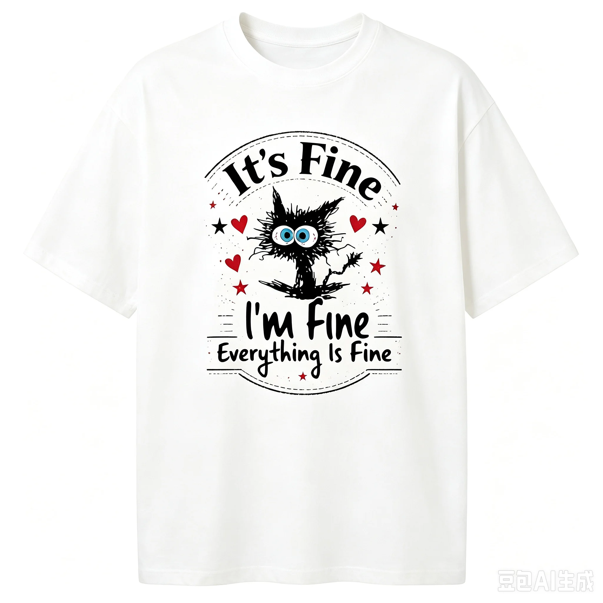 Men It's Fine I'm Fine Everything Is Fine Cat Graphic T-Shirt Funny Sarcastic Crew Neck Short Sleeve Tee