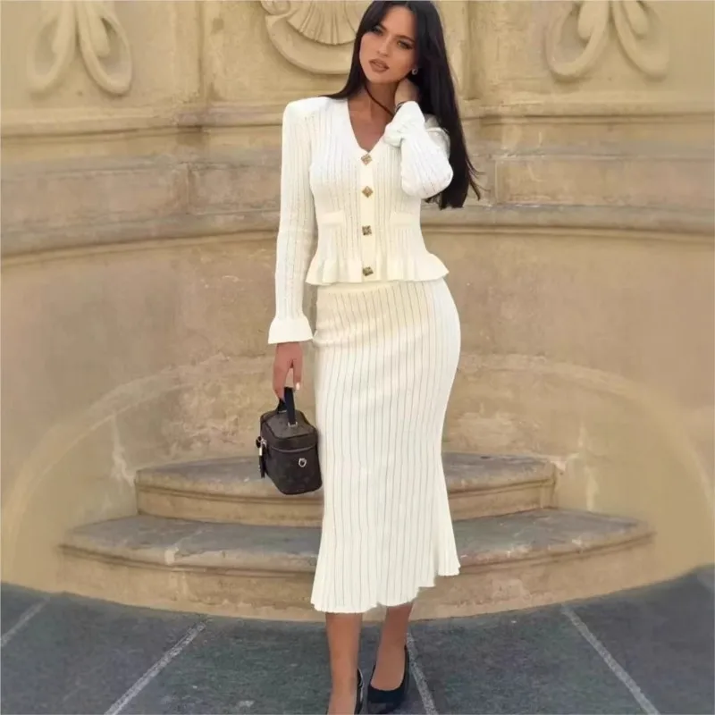 Set da due pezzi in maglia da donna francese elegante con scollo a V, cardigan a maniche lunghe con volant e set di maxi gonne a sirena a tubino a vita alta