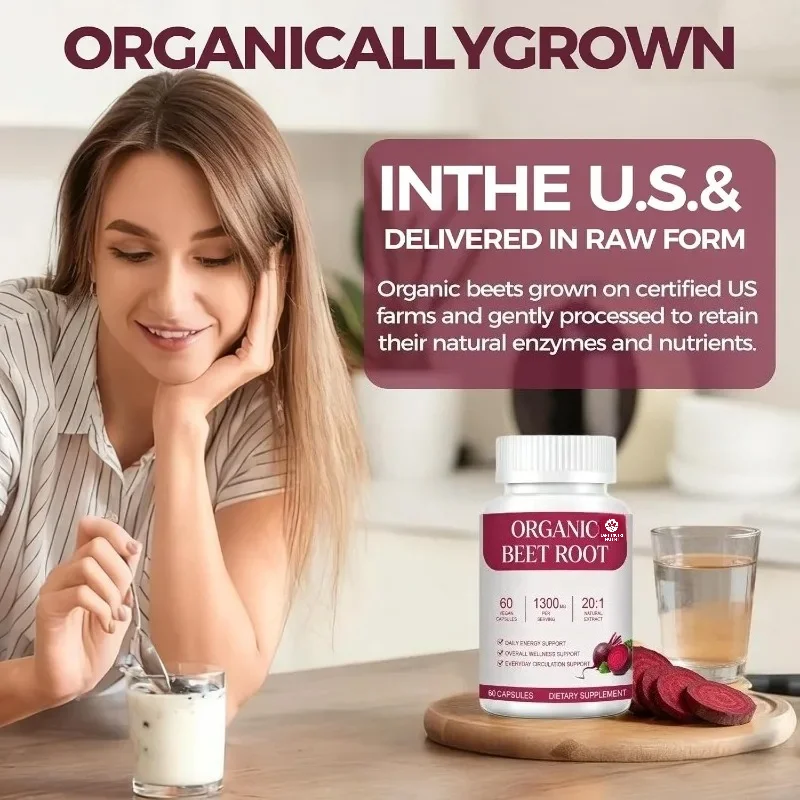 Organic Beetroot Capsules, Used for Daily Health and Energy Support 1300mg, 60 Capsules