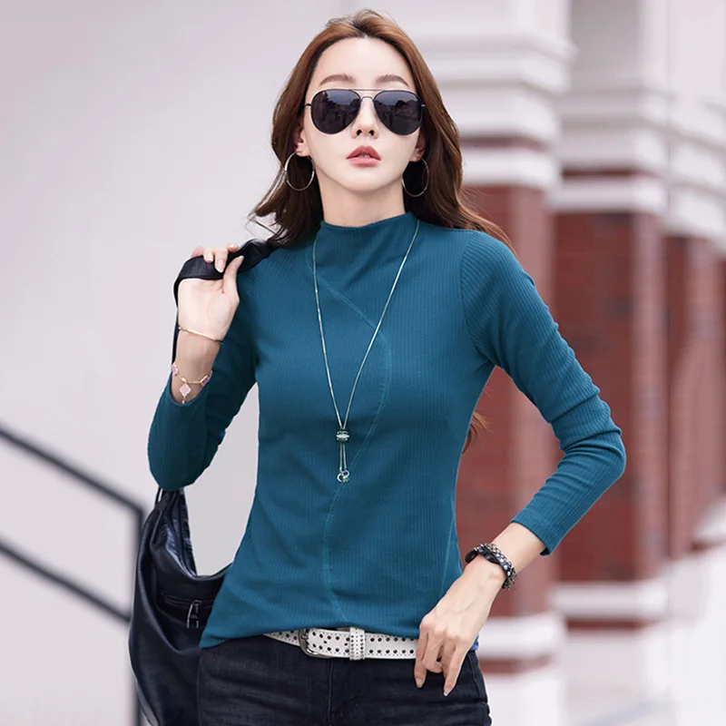 

New Women Cotton Bottomming Shirt Autumn Winter Fashion Half High Collar Long Sleeve Simplicity Casual Basics Knitted Tees Tops