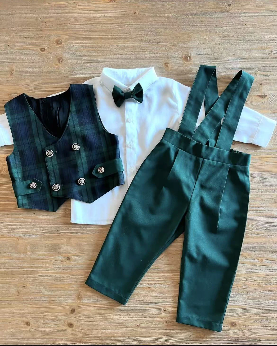 

0-6Y Baby Boy Set Autumn Winter Green Plaid Vest White Shirt Green Trousers for Party Birthday Photography Christmas C345