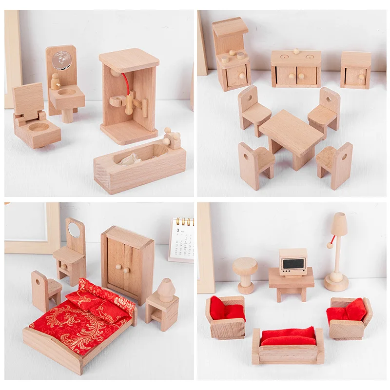 Wooden Dollhouse Furniture 1/12 Miniature Toys Girl Dolls Accessories Bedroom Bathroom Dollhouse Kit For Dolls