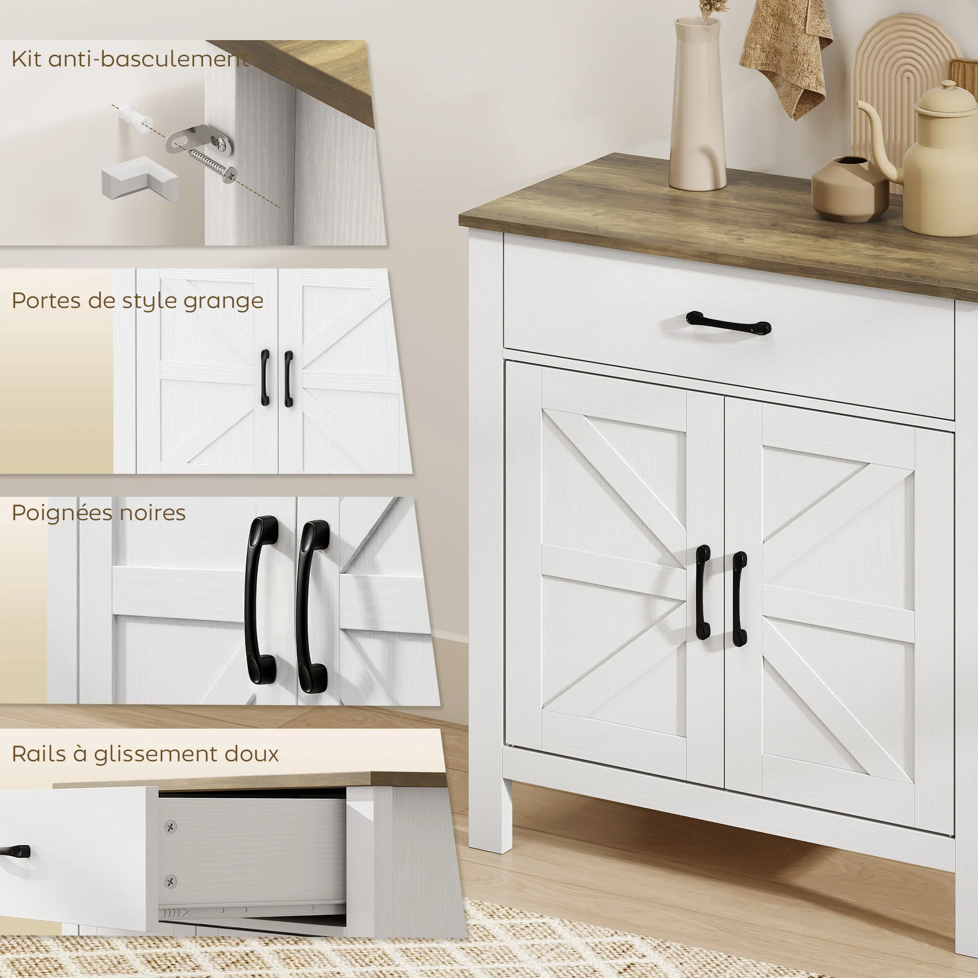 Mueble tipo buffet para la sala de estar, con dos puertas correderas, cajón y estante ajustable, 77 x 39,3 x 81,5 cm, color blanco y marrón.