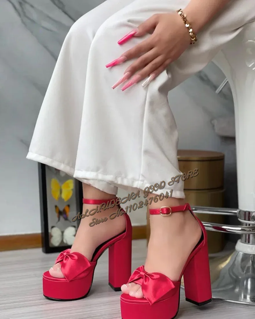 ALMUDENA الشمبانيا الساتان صندل كعب مكتنز فراشة عقدة منصة فستان أحذية أنيقة الكاحل مشبك حزام ربطة العنق مضخات