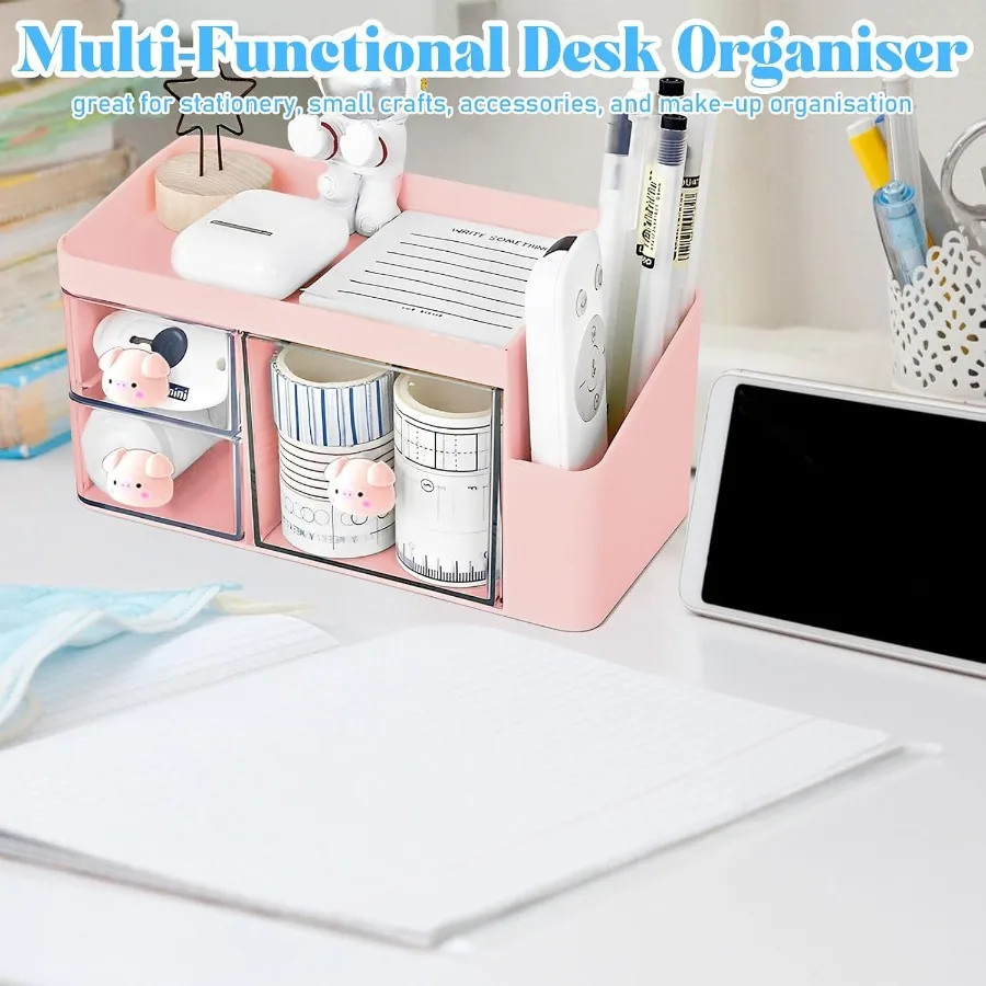 Organizer Meja dengan 3 Laci, Organizer Alat Tulis Lucu untuk Meja, Kotak Penyimpanan Makeup Plastik, Aksesoris Meja Multifungsi, Tempat Penyimpanan Rapi