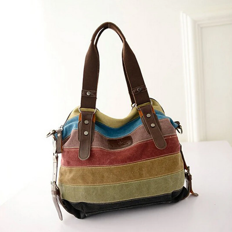 Canvas Totes， Striped Womens Handbag ，Patchwork Rainbow Shoulder Bag， Fashion Female Casual Crossbody Bag