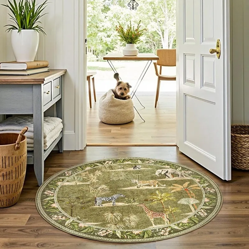 Large Round Living Room Carpet Nordic Style Animals Print Bedroom Rug Foldable Machine-Washable Coffee Table Mat Tapis Alfombra