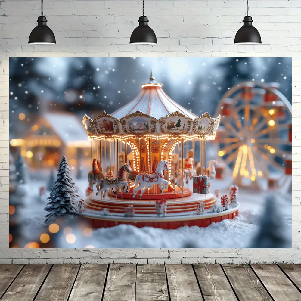 Merry Christmas Backdrop Circus Carousel Forest Ferris Wheel Kids Family Portrait Decor Photo Background Banner Shooting Props