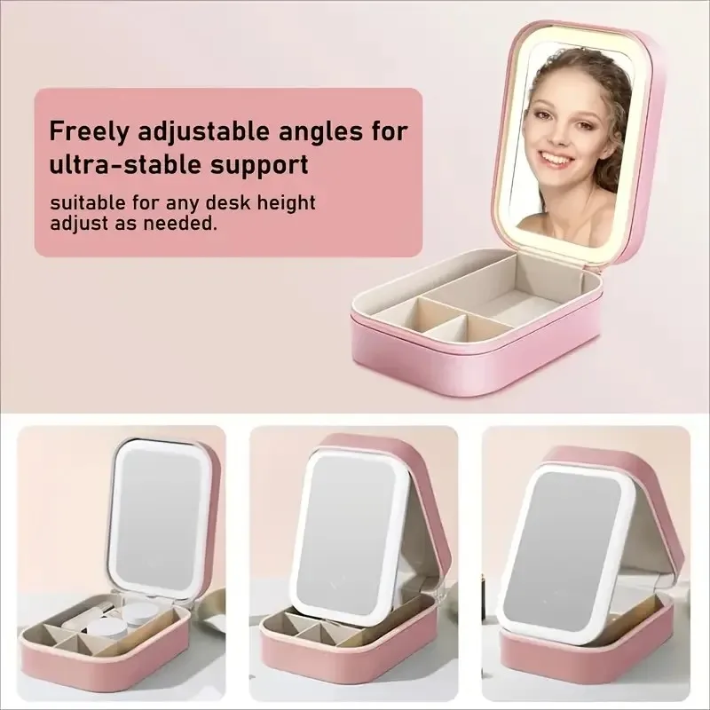 Portable LED Makeup Mirror Box - USB Rechargeable, Foldable Travel Cosmetic Organizer, Pink Faux Leather Design for Students & O