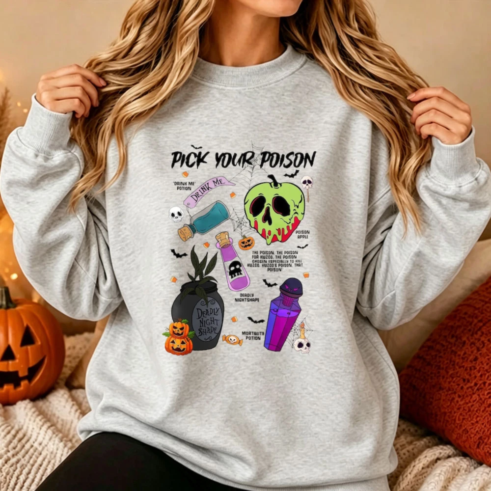 Halloween Pick Your Apple Potion Bottle Skull Pumpkin Bat Graphic Crewneck Sweatshirt Letter Print Holiday Soft Casual Pullover