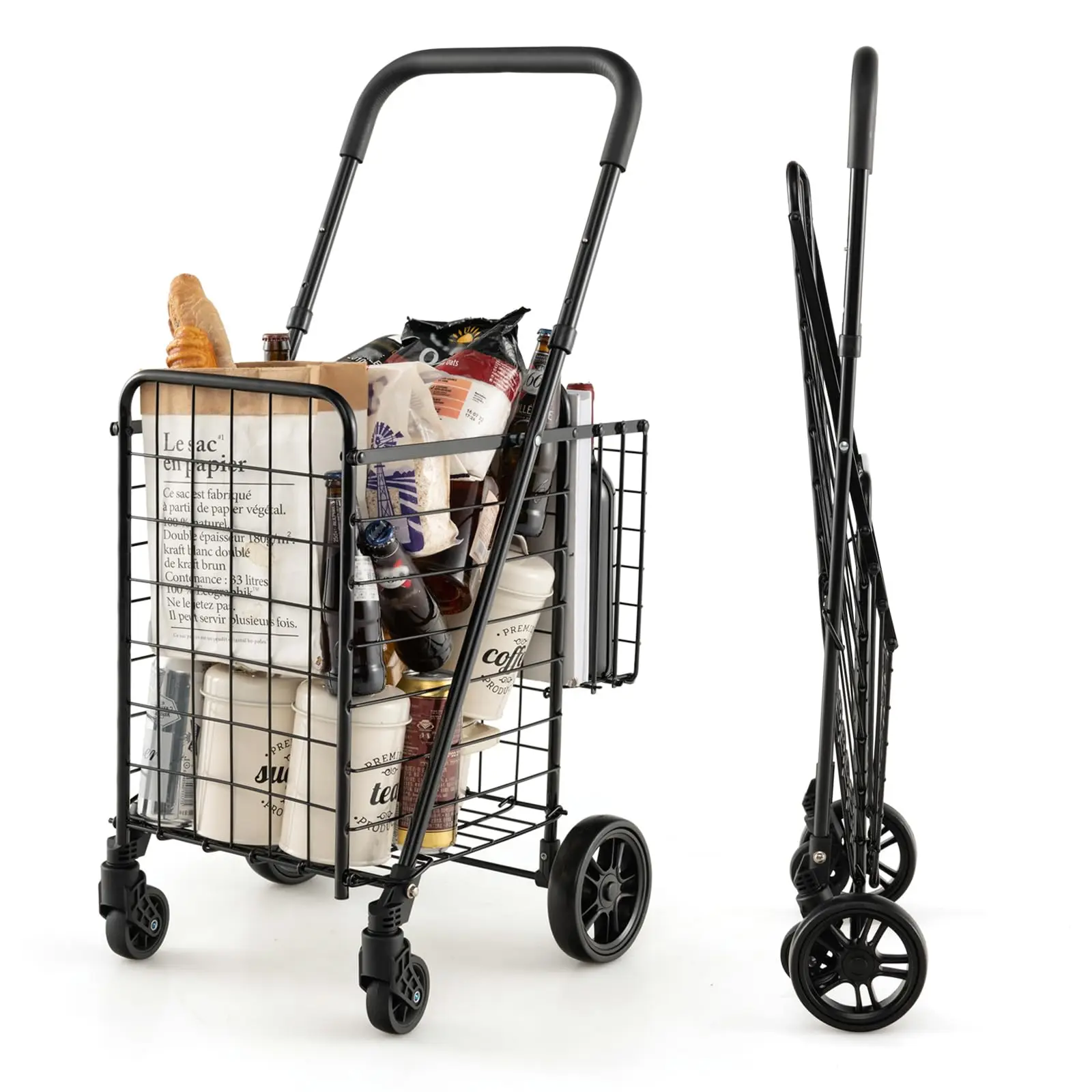 Folding Shopping Utility Cart, Double Basket and 360° Swivel Wheels, Adjustable Handle, Small Cart Perfect for Grocery