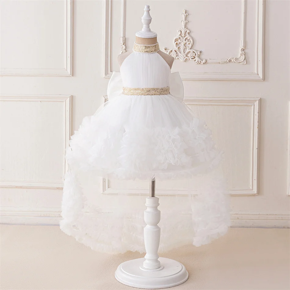 Baby Girls Formal Evening Gown Children Halter-Neck Tulle Ball Gown with Train Flower Girl Wedding Dress With Detachable Bowknot