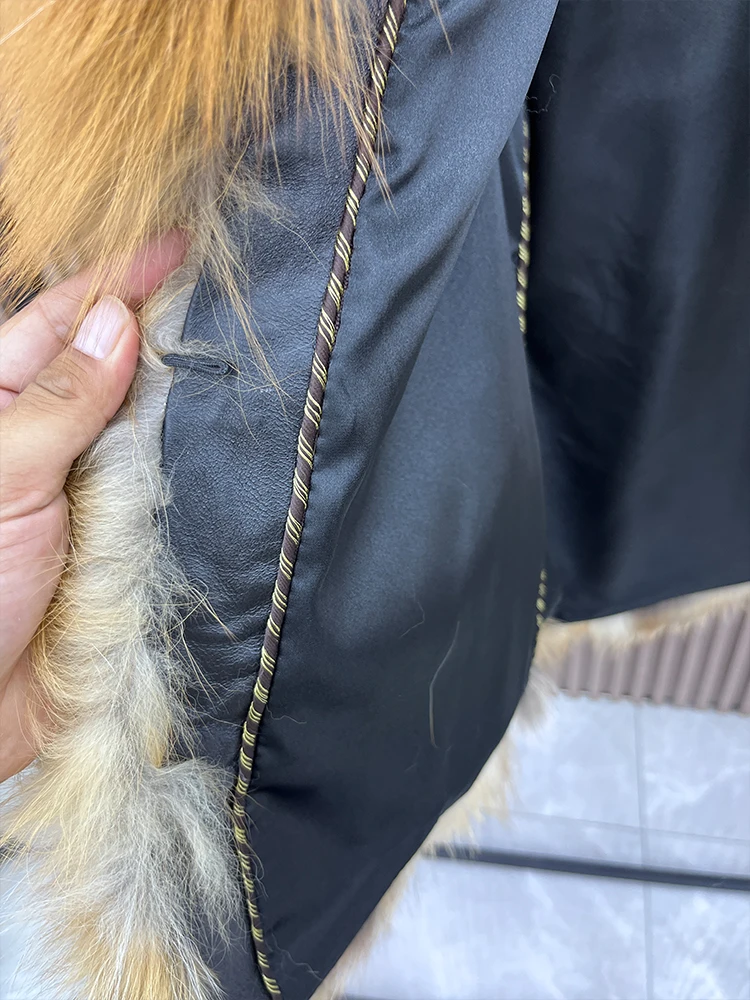 Women New Fashion Real Silver Fox Fur Jacket Full Pelt Fluffy Fur Luxury Natural Red Fox Coats Overcoat Long Sleeve