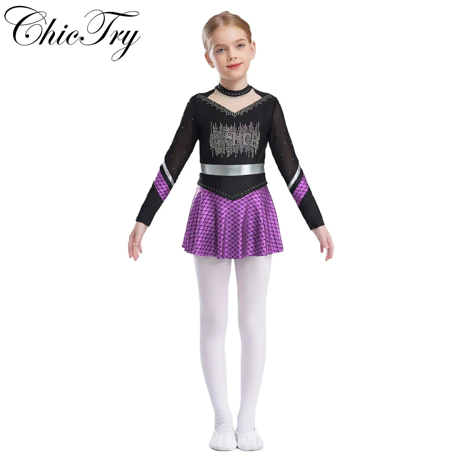 Kids Girls Ballet Dance Dresses Gymnastics Leotard Ballerina Costume Fish Scales Rhinestones Cheerleading Tutu Dress with Shorts