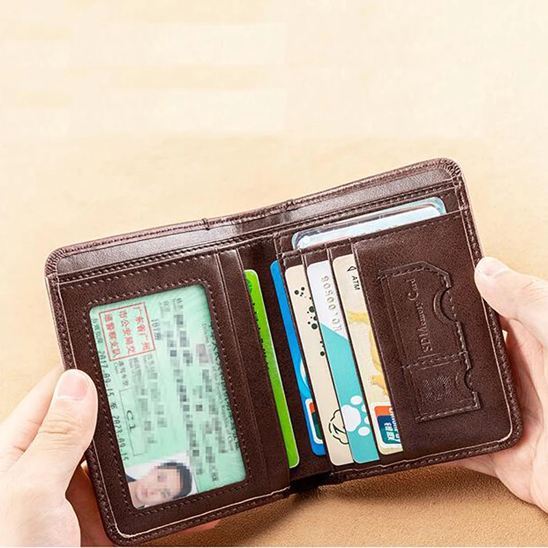 Men Wallet Genuine Leather Rfid Blocking Double Wallet Vintage Thin Short Multi Function ID Credit Card Holder Male Purse Money