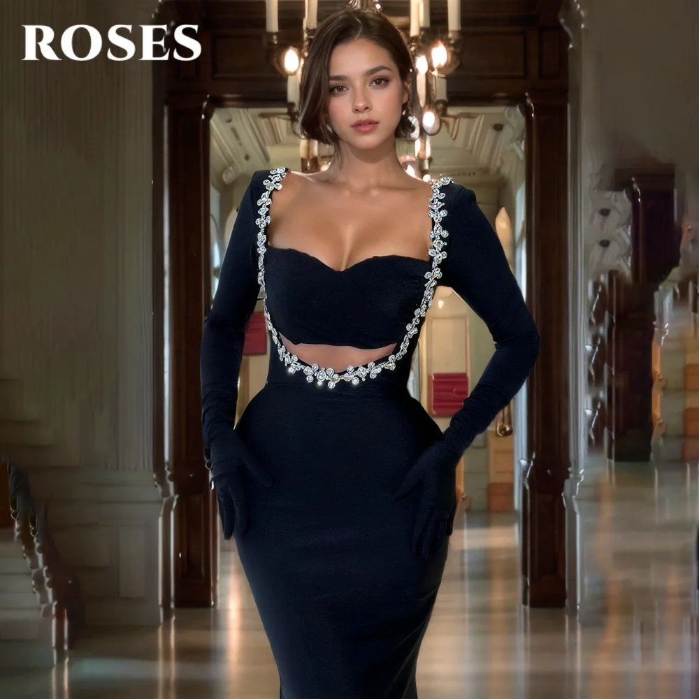 ROSES Black Elegant Formal Dress Sweetheart Long Sleeves Party Dress with Rhinestones Satin Mermaid Special Dresses Customized